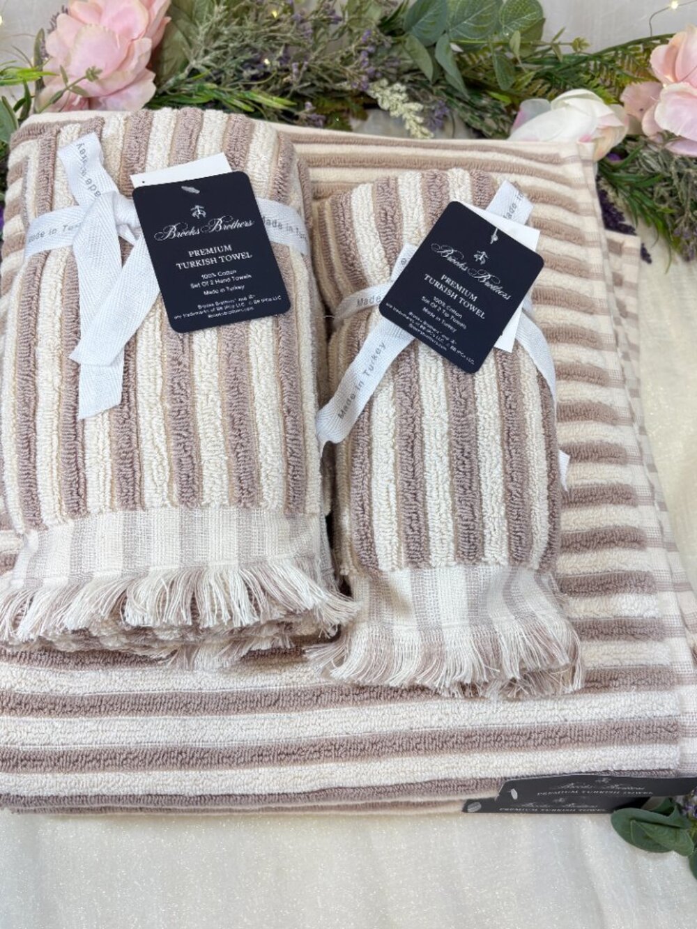 6pc BROOKS BROTHERS Premium Turkish Bath Hand Towels Set Striped Beige Tan New